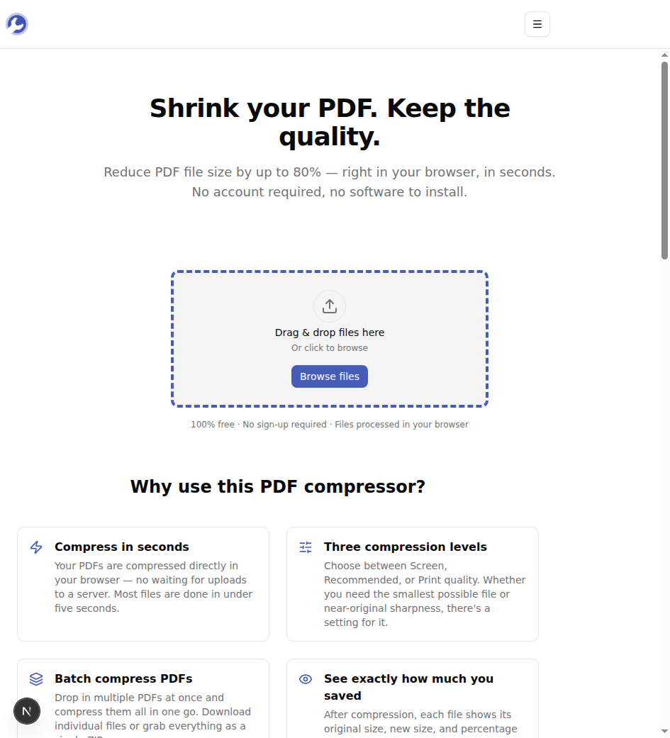 L'écran de téléchargement du compresseur PDF