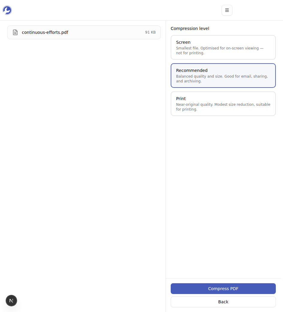Sélecteur de niveau de compression avec fichier listé