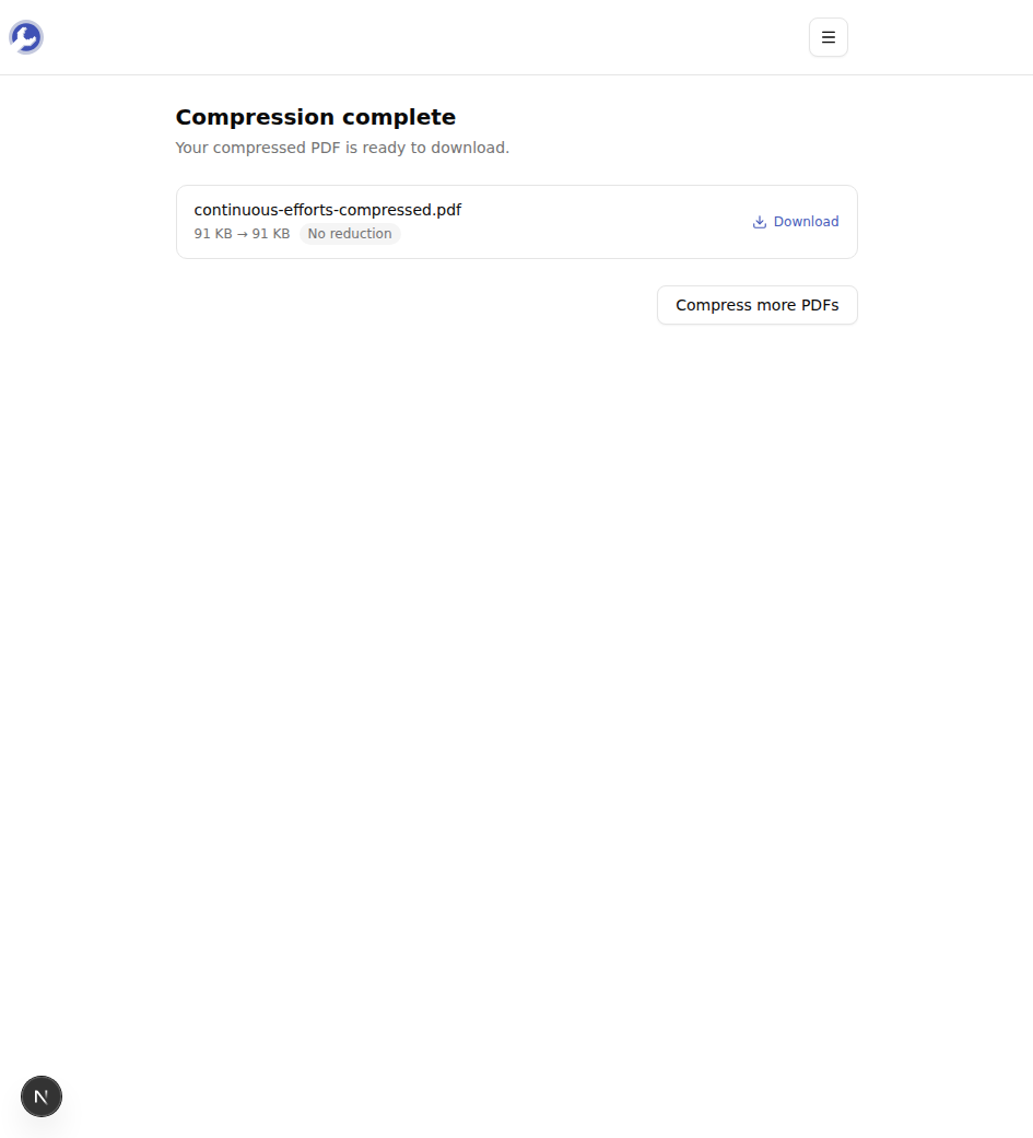 Écran de téléchargement montrant la compression terminée