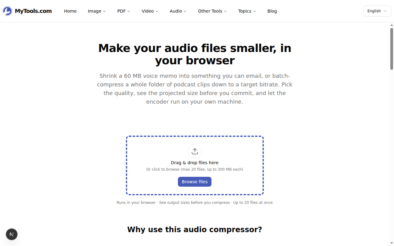 L'écran de téléversement du compresseur audio