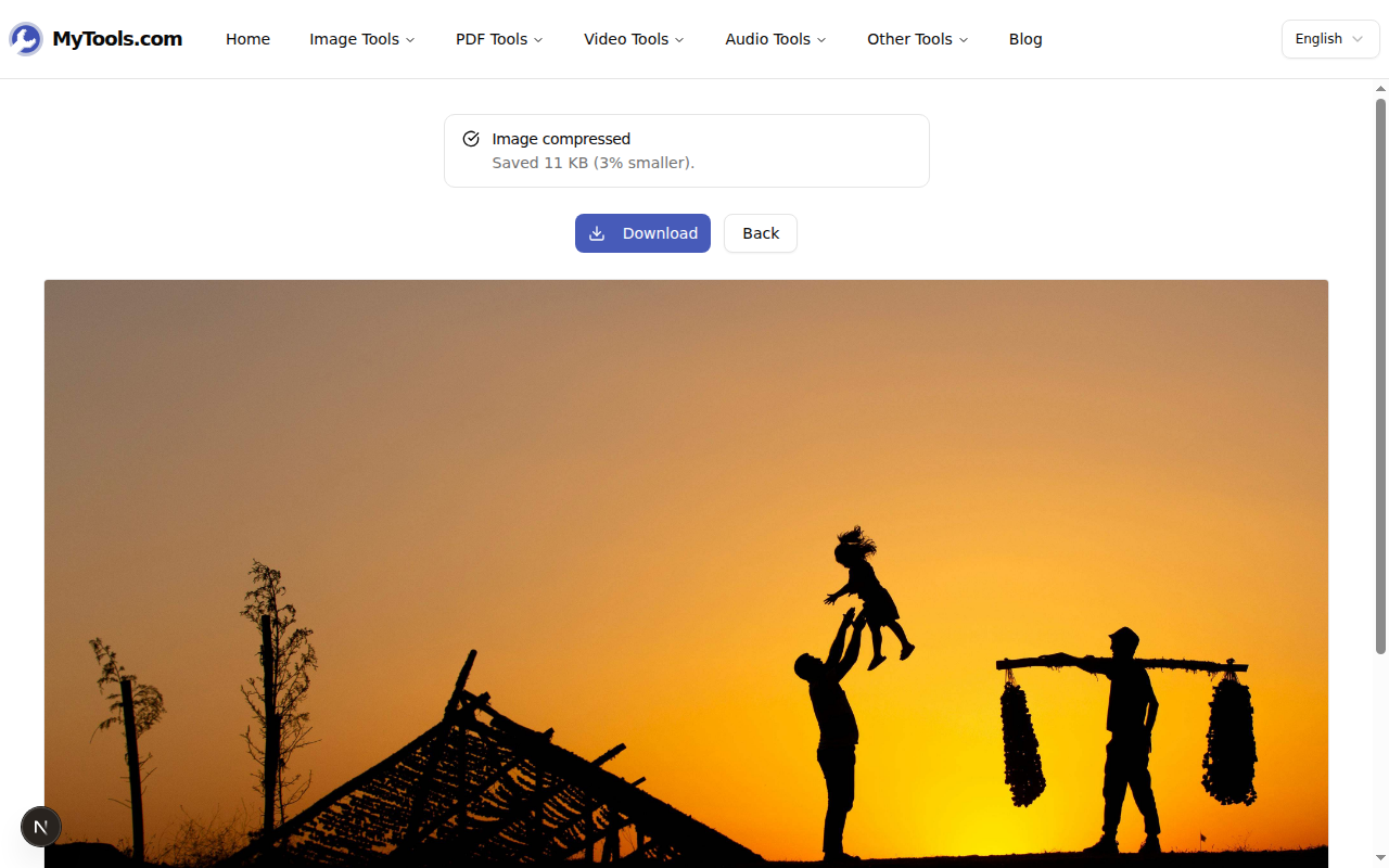 L'écran de téléchargement montrant l'image compressée et la quantité économisée