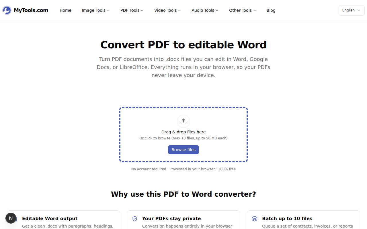 L'écran d'upload du convertisseur PDF vers Word