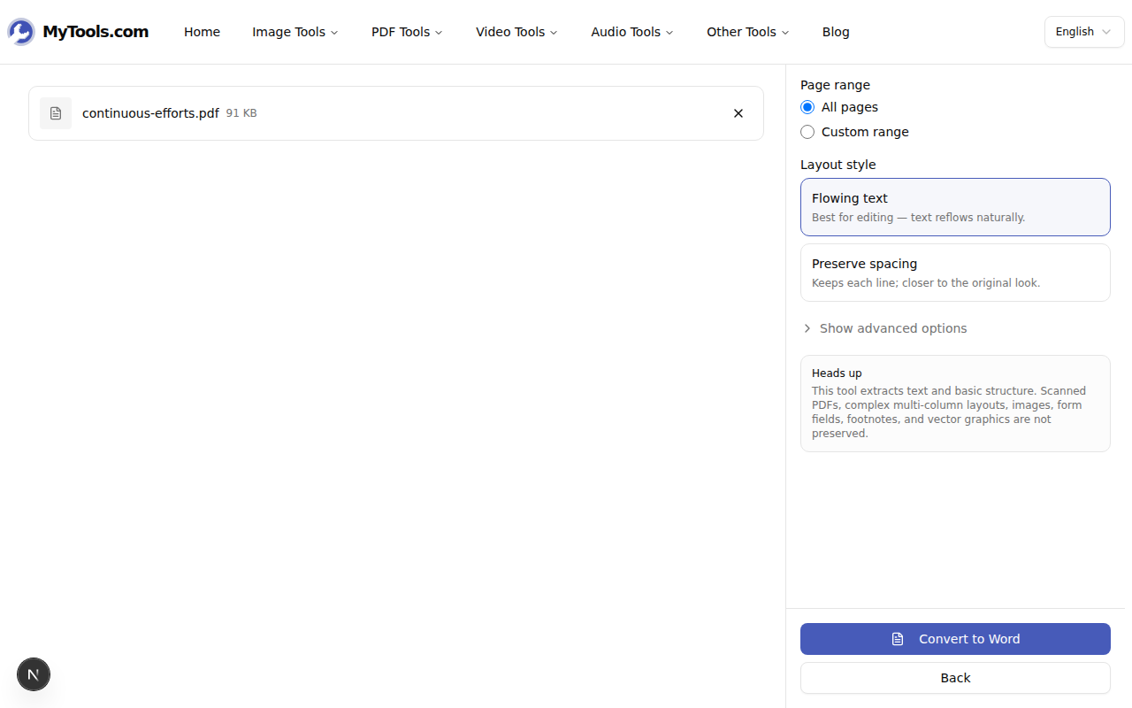 L'espace de travail PDF vers Word, avec le fichier en file et les paramètres de conversion à droite