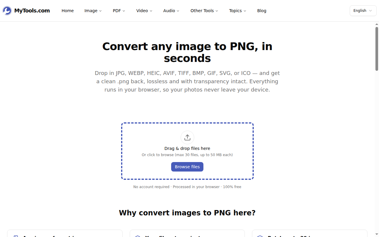 The Image to PNG converter upload screen