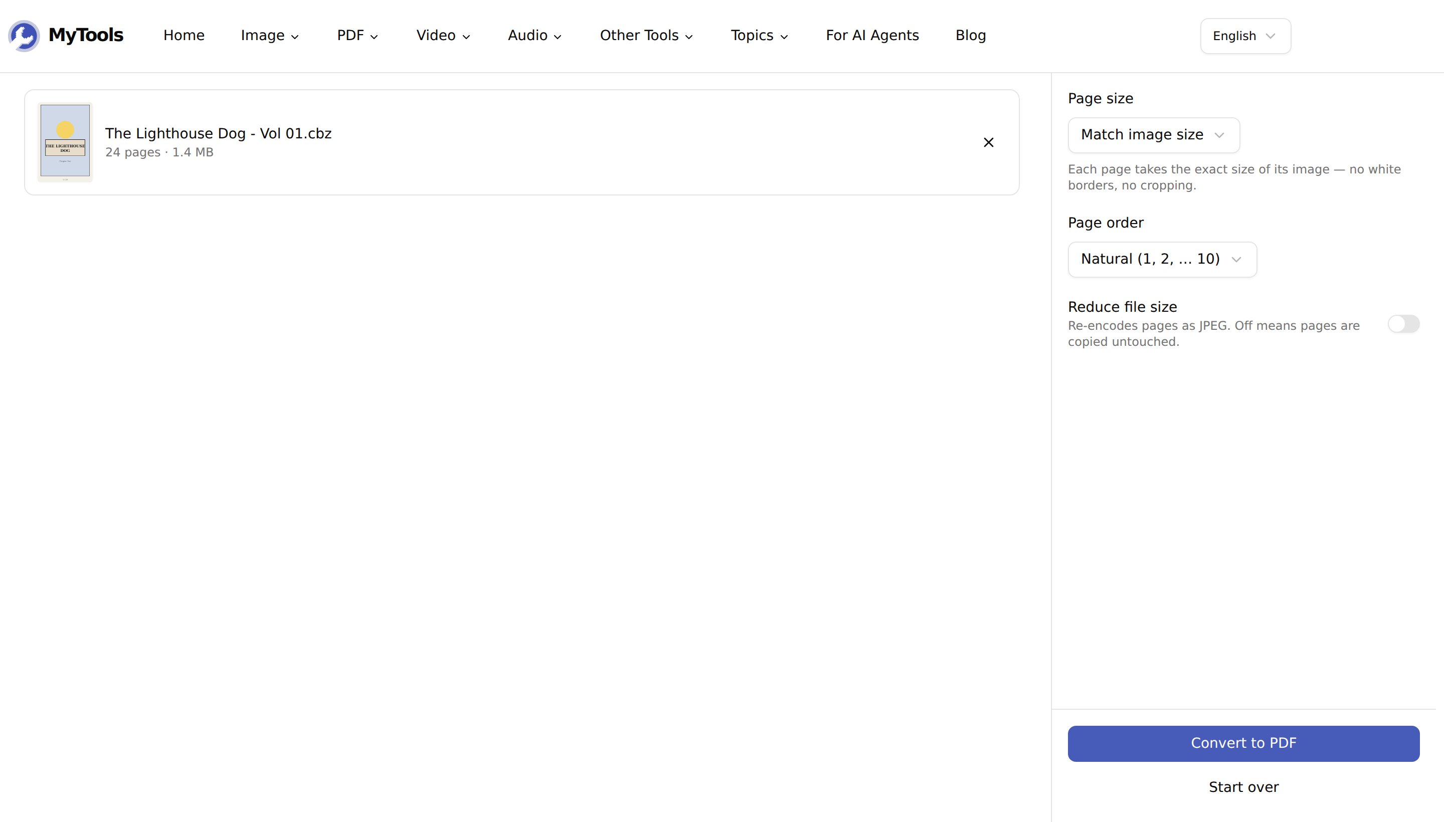 A CBZ archive loaded, showing 24 pages and the conversion settings