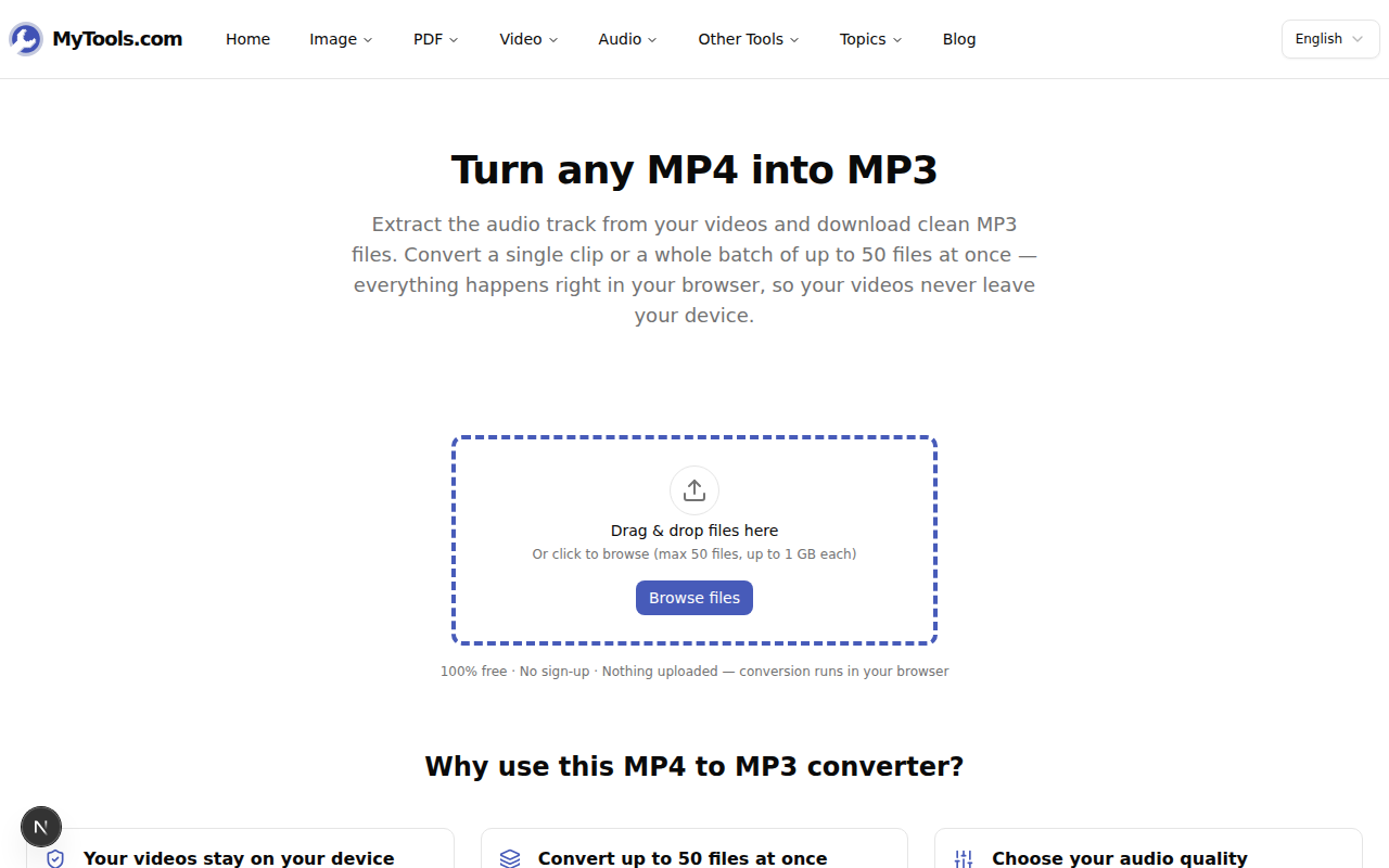 The MP4 to MP3 converter's upload screen with a drag-and-drop zone