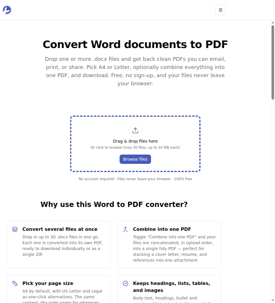 The Word to PDF converter upload screen