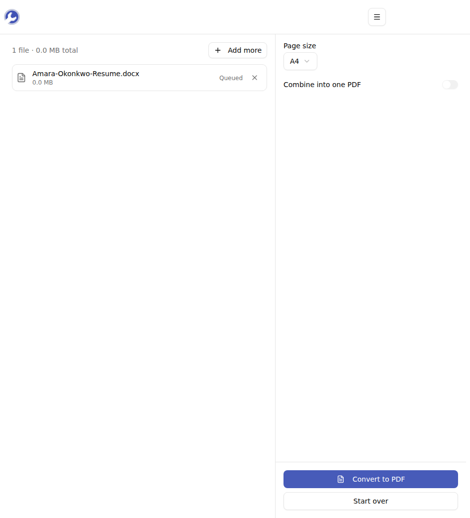A Word file queued in the converter with page-size and combine settings