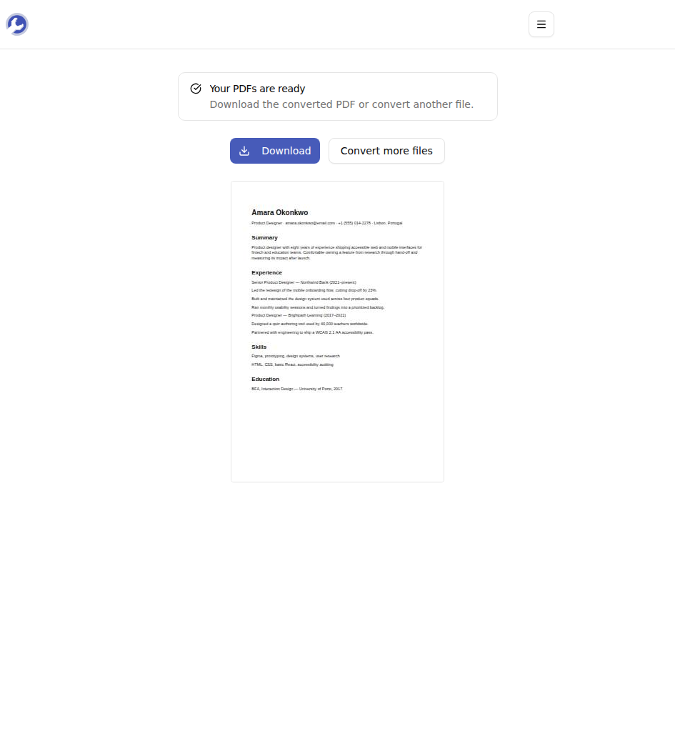 The result screen with the converted PDF ready to download