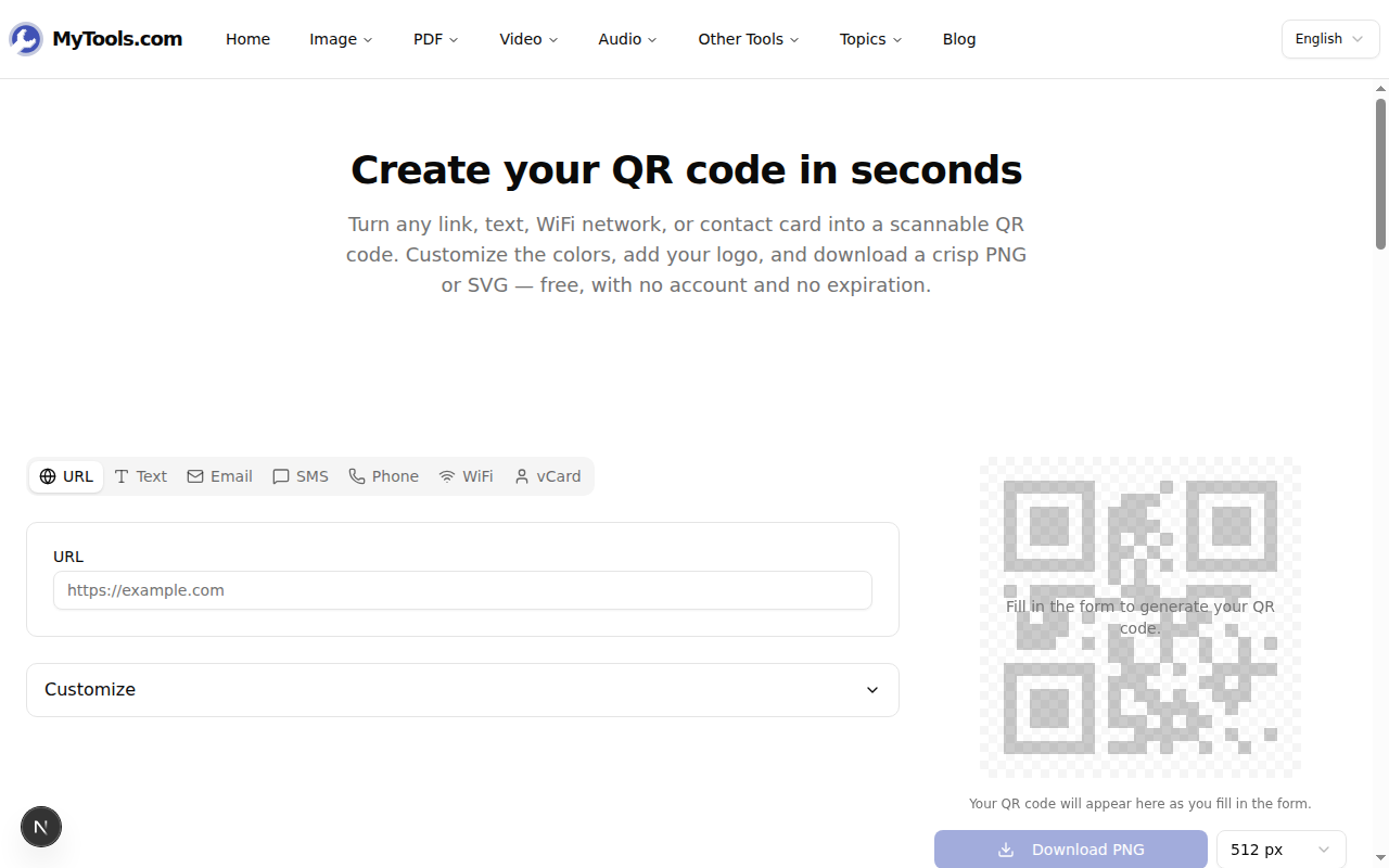 L'écran d'accueil du générateur de code QR avec sept onglets de contenu et un aperçu vide