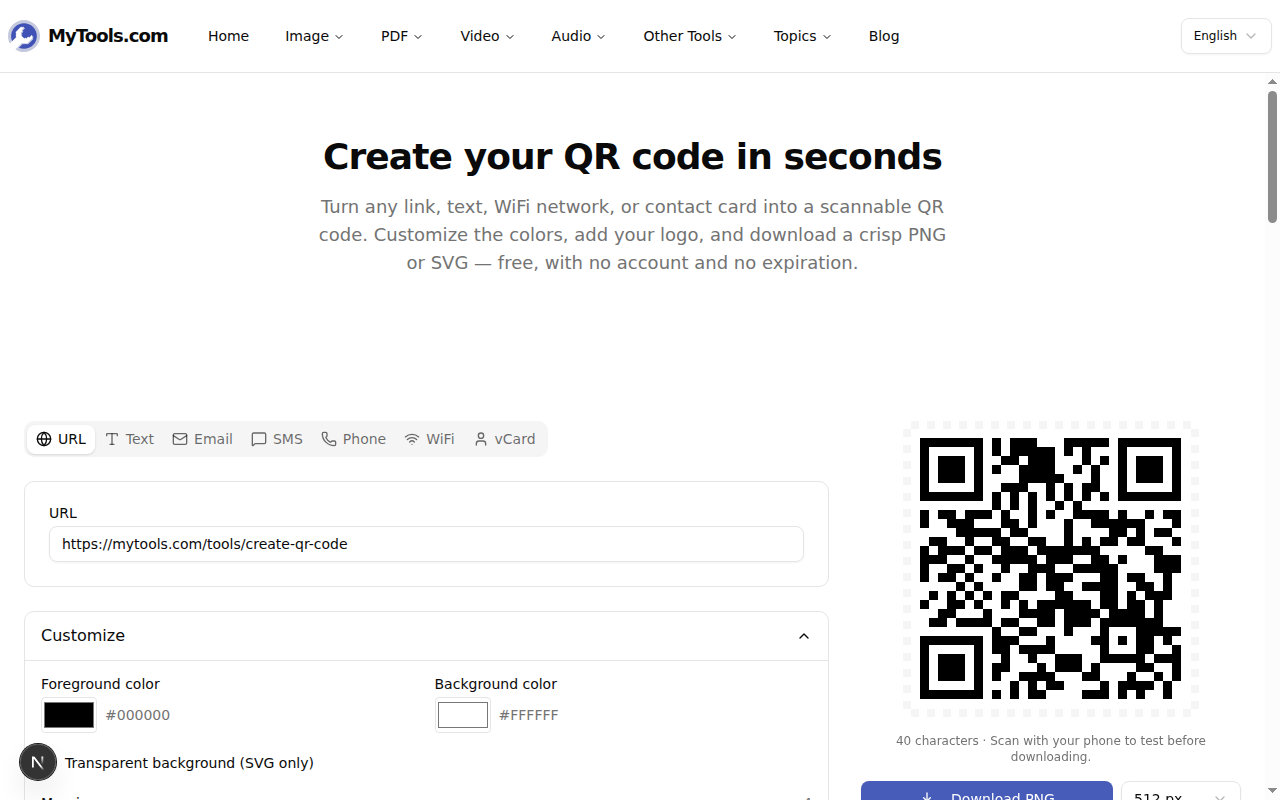 Le formulaire rempli avec une URL, le panneau de personnalisation ouvert et un aperçu QR en direct sur la droite