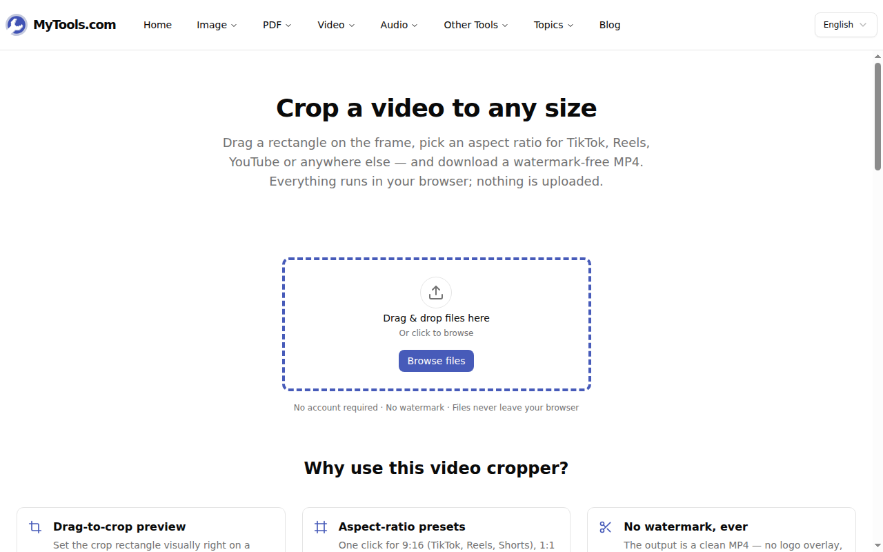 The crop-video upload screen with the drag-and-drop zone