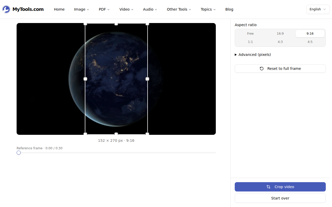 The crop editor with a 9:16 rectangle masking the sides of the frame