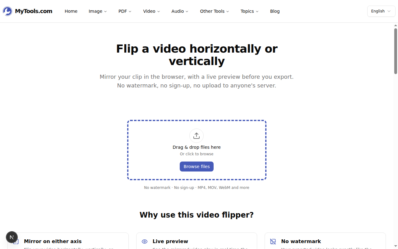 La pantalla de carga de la herramienta para voltear video, con una zona de arrastrar y soltar
