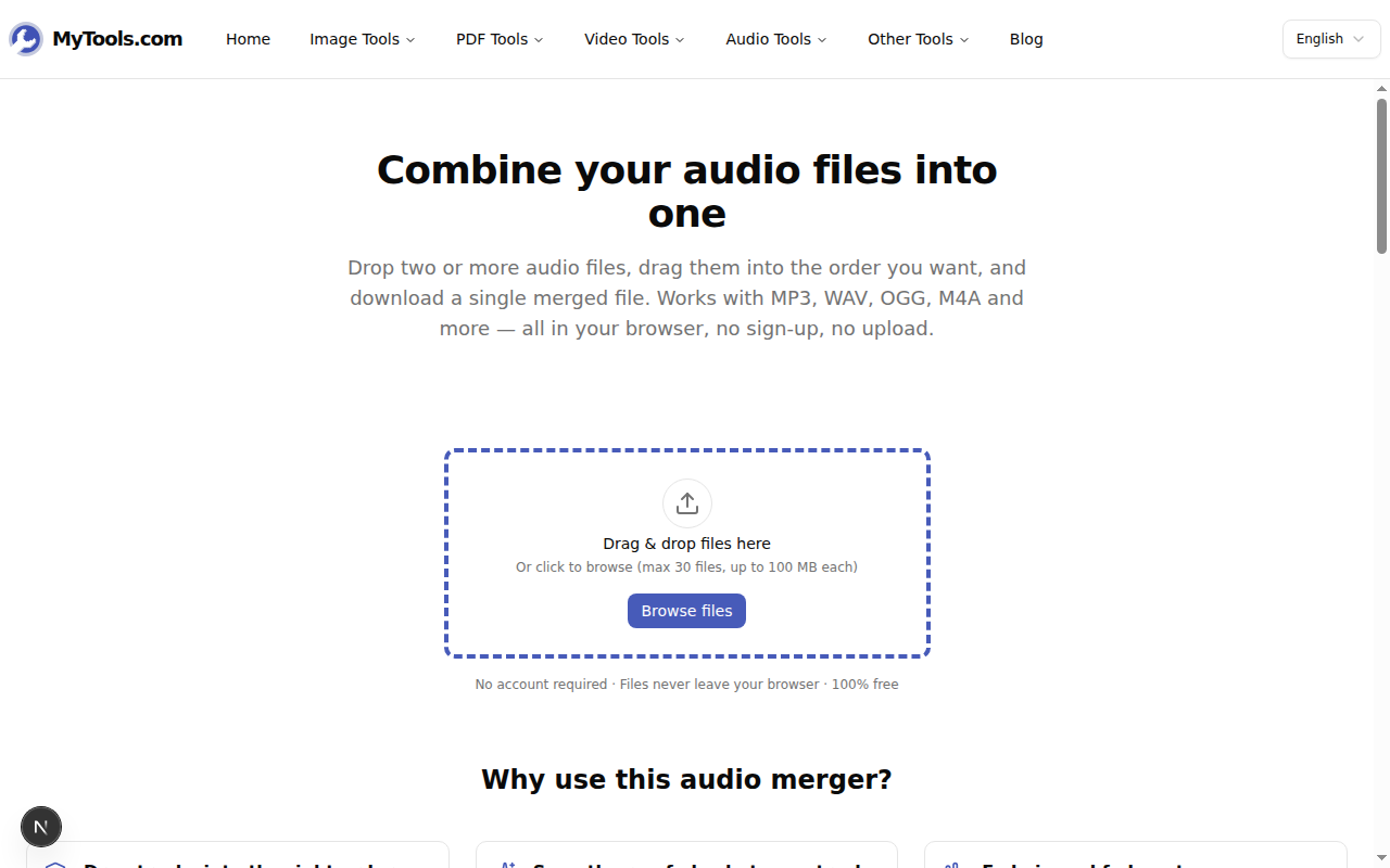The Merge Audio upload screen with a drop zone and Browse files button