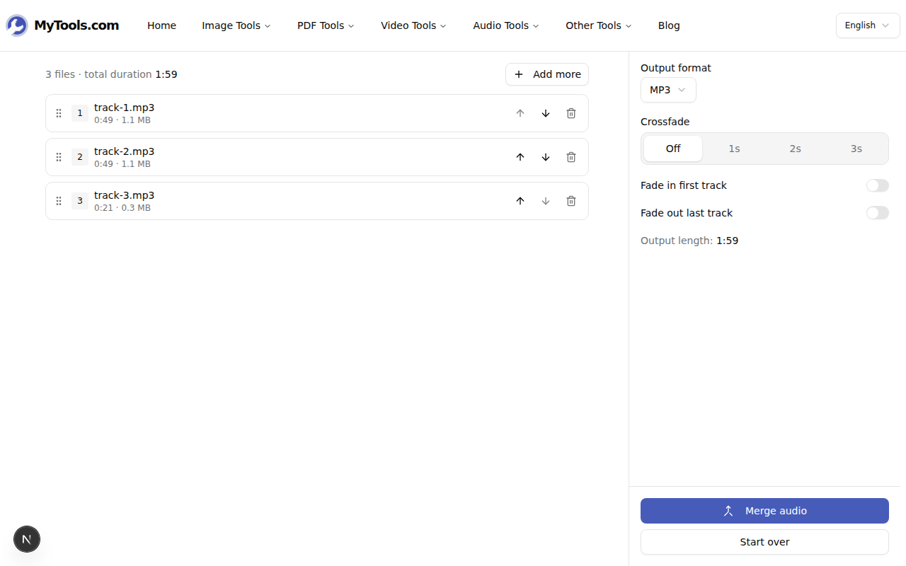 The workspace with three MP3 tracks in a numbered list and a sidebar showing Output format, Crossfade, Fade in/out, and Output length