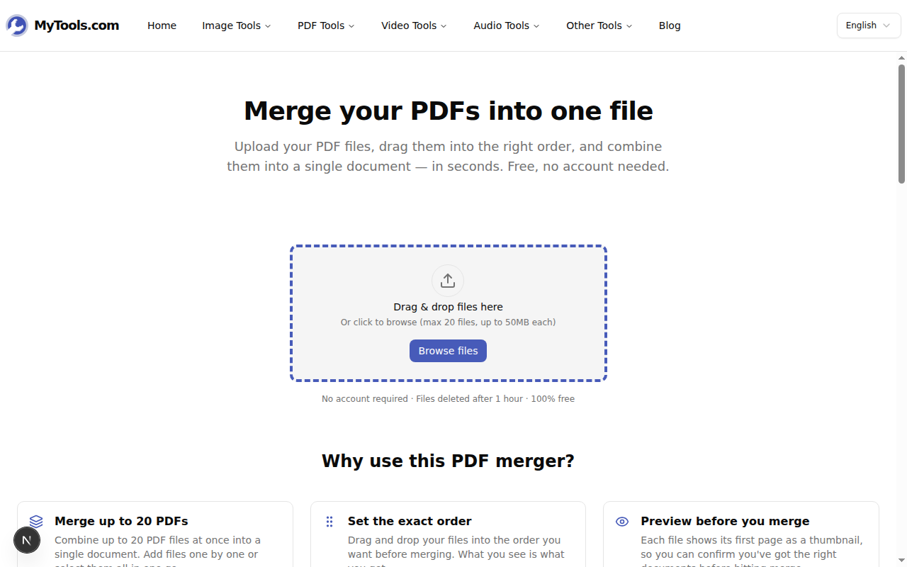 The MyTools PDF Merger upload screen