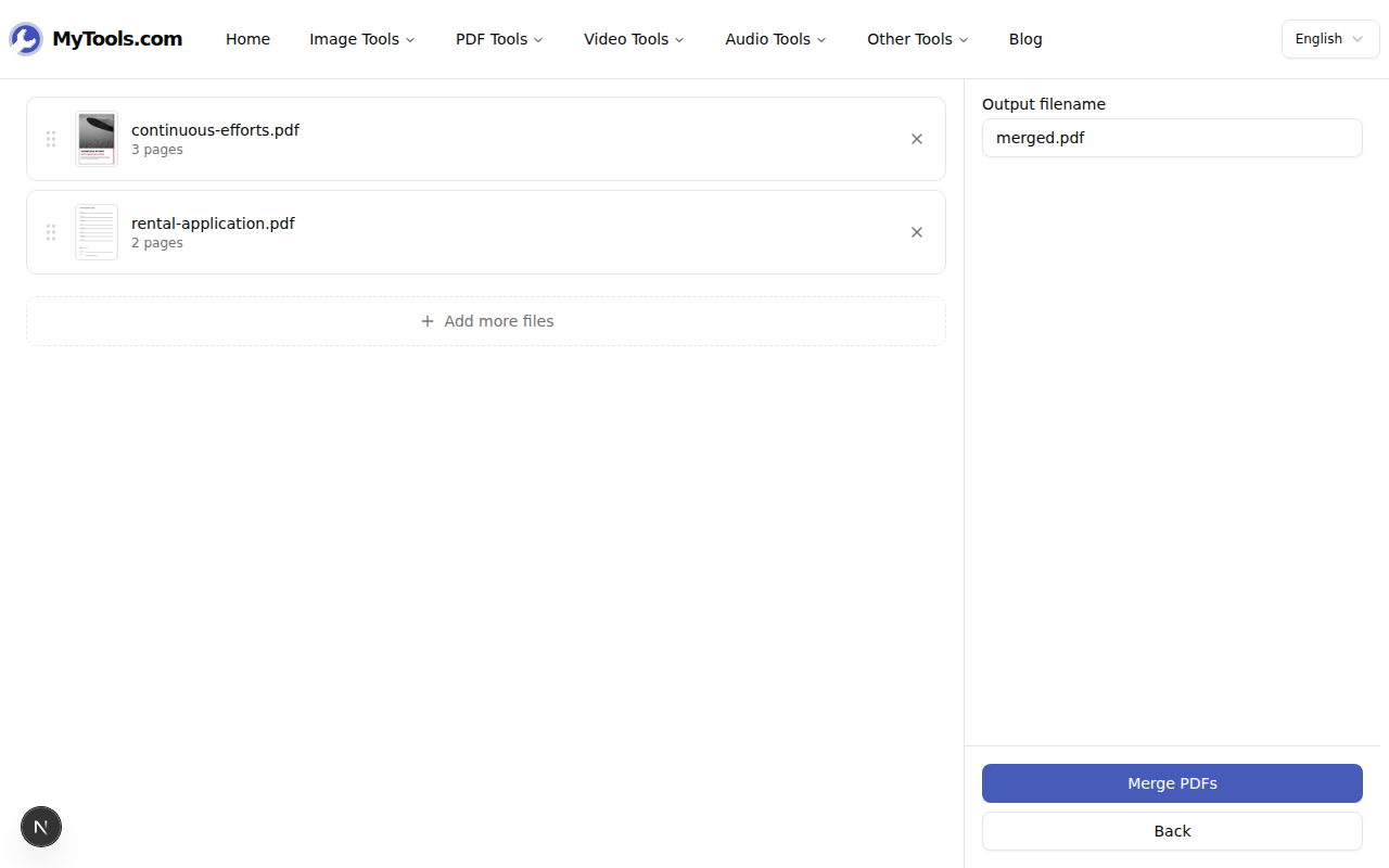 Two uploaded PDFs ready to reorder and merge