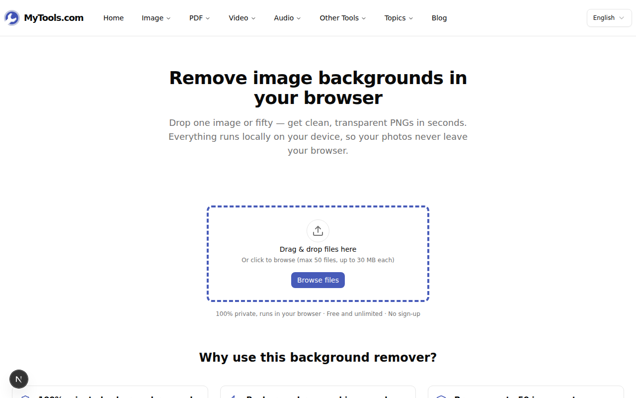 La schermata di caricamento dello strumento per rimuovere lo sfondo di MyTools