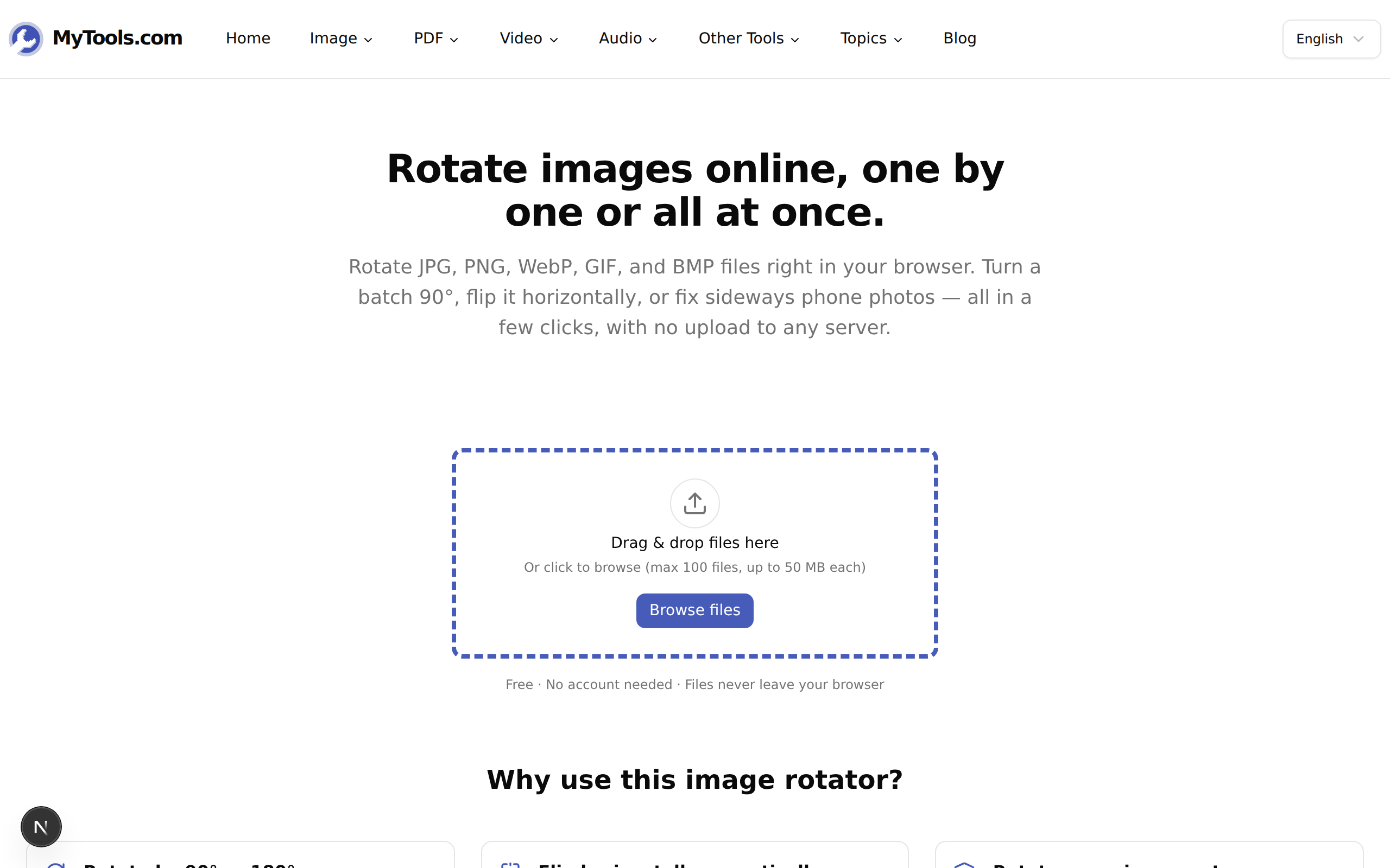 The image rotator landing page with the upload zone