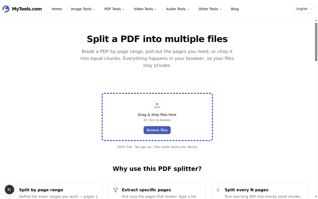 The Split PDF upload screen