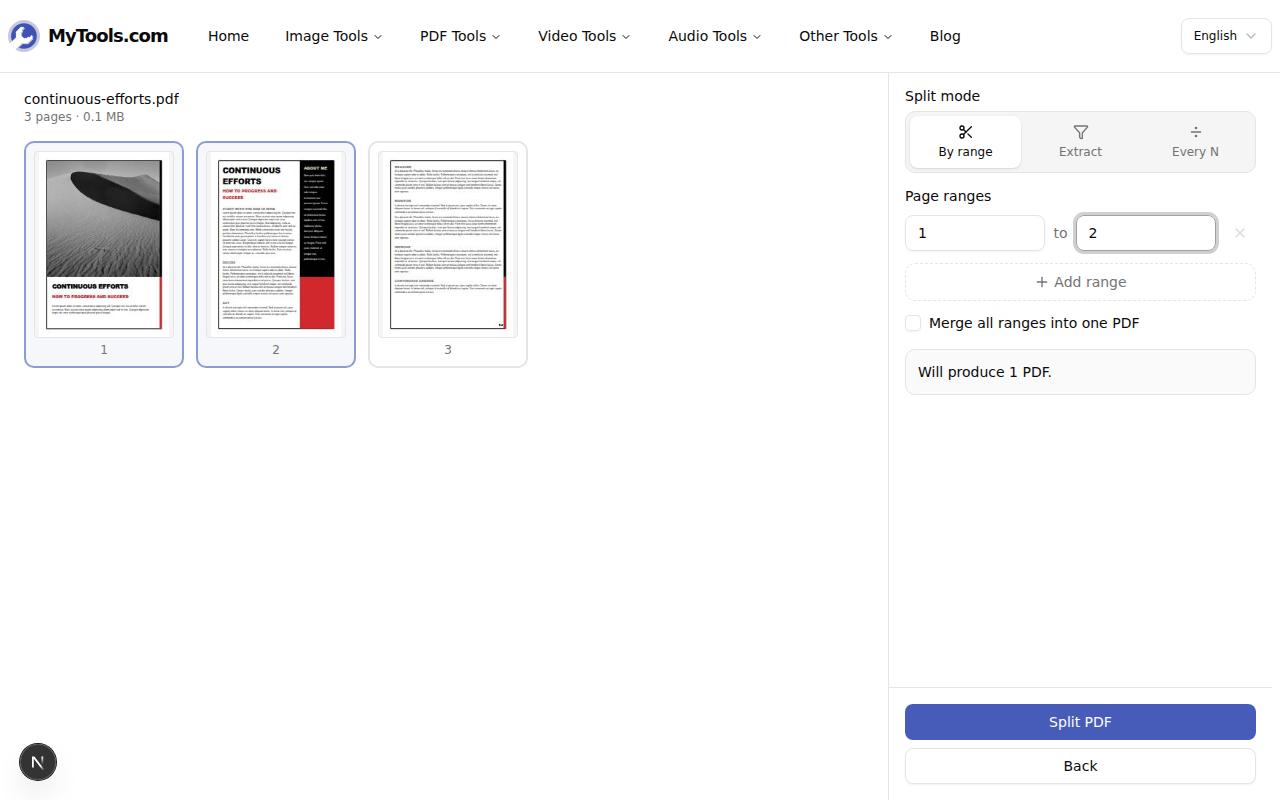 Configuring the split — selecting pages 1 to 2 of a 3-page PDF