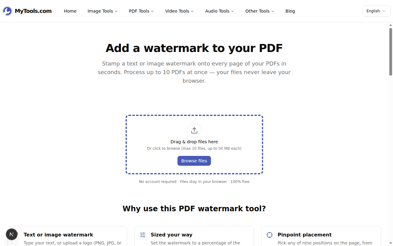 La zone de dépôt de l'outil de filigrane PDF
