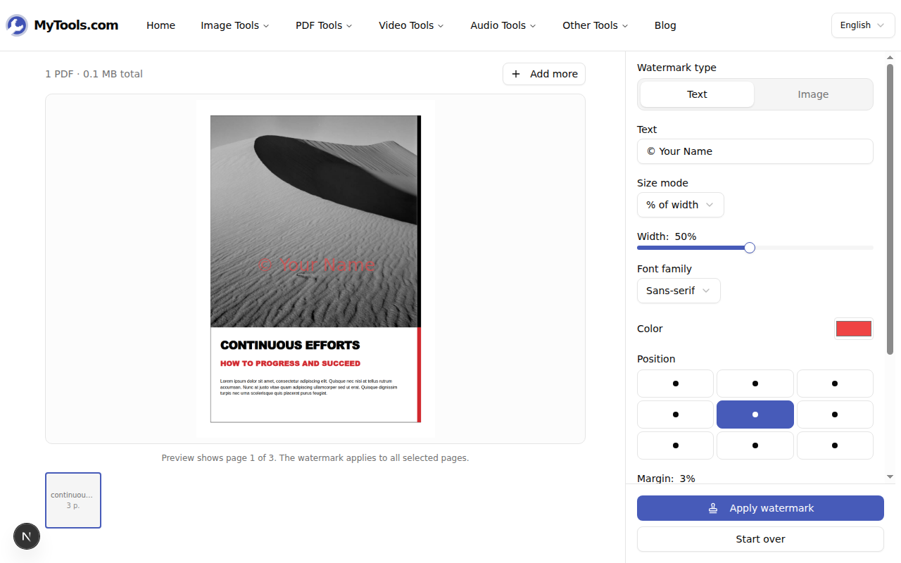 L'espace de travail du filigrane, avec un aperçu en direct à gauche et les contrôles à droite
