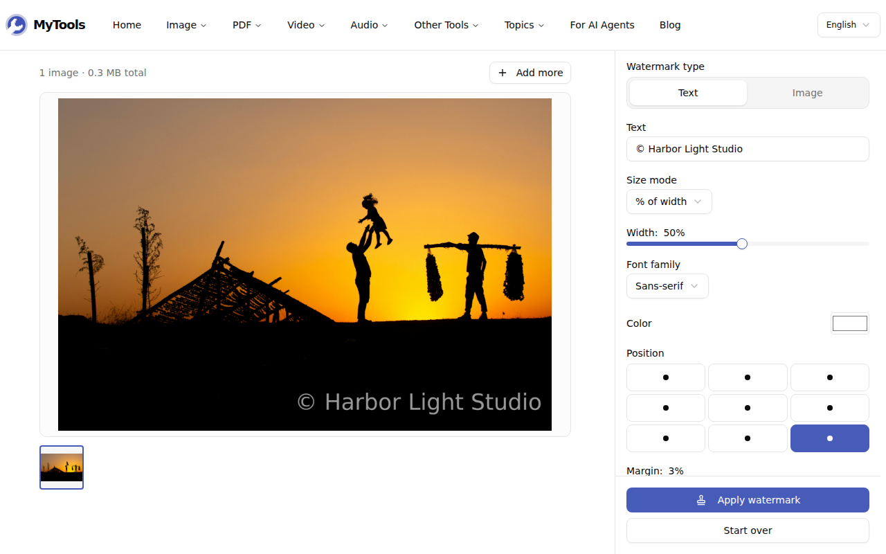 Configuring a white text watermark in the bottom-right corner